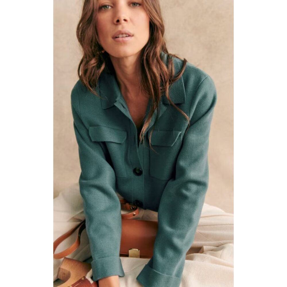 Sezane Teal Green Button-Up Cardigan Jacket